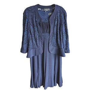 R & M Richards Navy 2 Pc MOT Sequin Lace Dress Ruffle Front Jacket 8